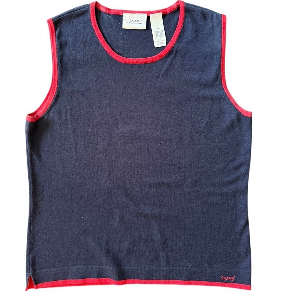 LizGolf by Liz Claiborne sleeveless lightweight sweater blue red trim | GUC